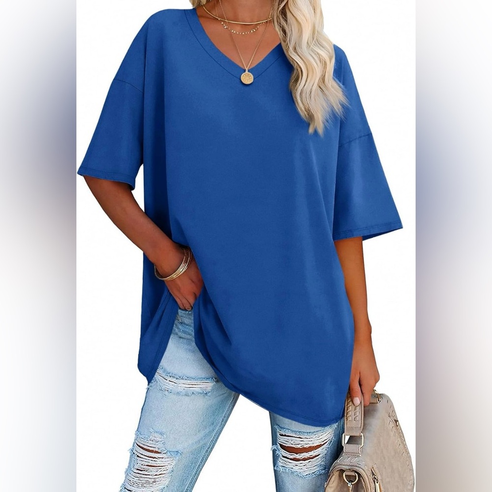 Ebifin Womens Oversized V Neck T-Shirt Half Sleeve Loose Cotton Tunic Top - NWT